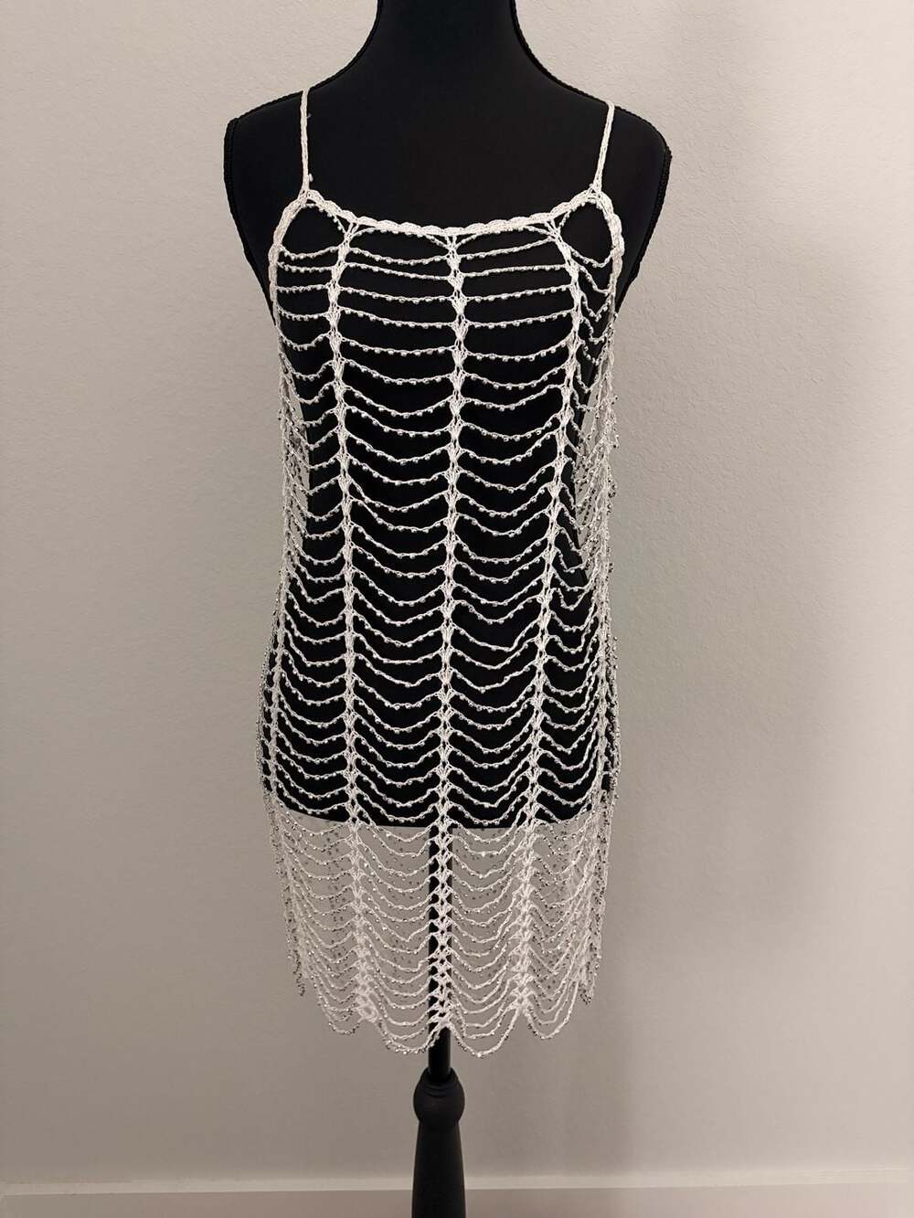 Cobweb Mini Dress White Beaded Fishnet Rave Beach Cover Up